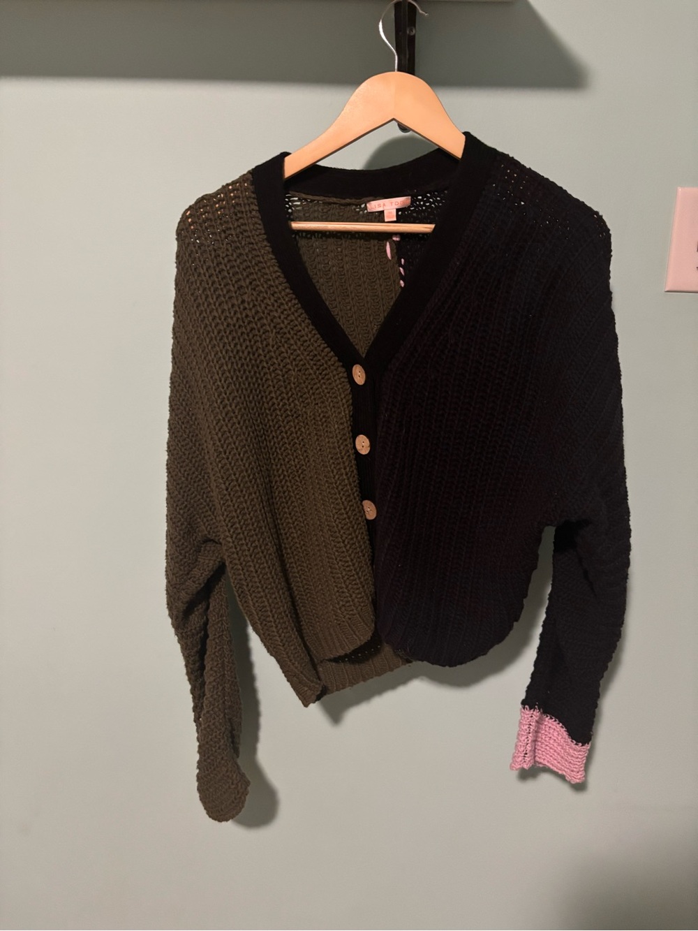 Lisa Todd Olive Green, Black & Pink Colorblock Button Cardigan - Picture 5 of 6